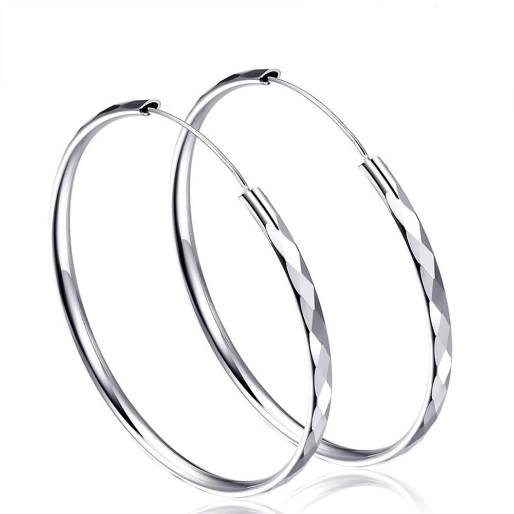Fu You 925 Silver Earrings Round Circle sleeper Hoop Earrings Silver Rhombus Large Hoops 50mm Earrings for Women Ladies
