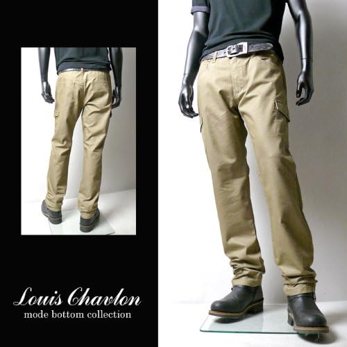 Amazon メンズ Louischavlon ヘリンボーン柄ドット布帛切替カーゴパンツ ベージュ L ベージュ ロングパンツ 通販