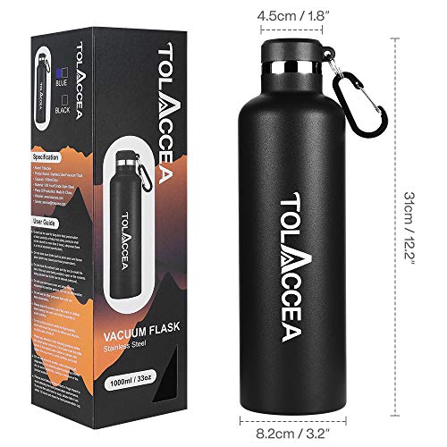 Tolaccea Bottiglia d\'Acqua in Acciaio isolata Bottiglia d\'Acqua Sportiva a Doppia Parete da 33 Once Bottiglia d\'Acqua a Bocca Larga Borraccia Termica da Viaggio Senza BPA Nero