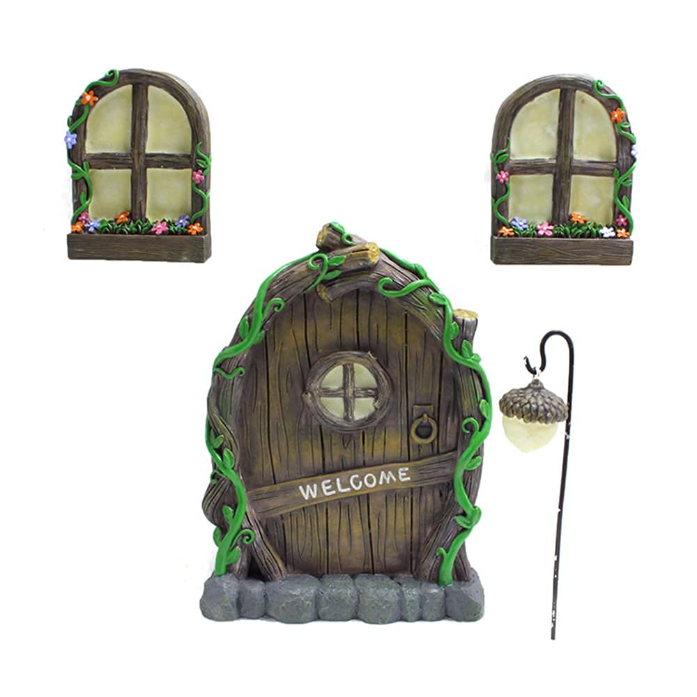 Set of 4 Fairy Door and Window for Tree, Mini Fairy Garden Glowing in the Dark with Lantern - Creative Garden Miniatures Tree Hugger Garden Sculptures Yard Art for Outdoor Trees Door