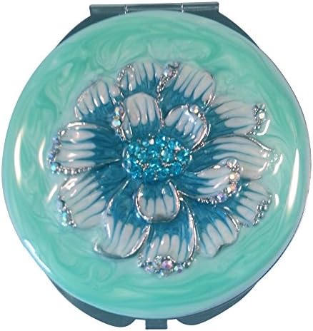 Ashley Moore Jeweled Compact Mirror - Beautiful Vintage Style Round Design Enamel Finish & Crystal Adorned Flower - Double Sided Mirror with 1X & 2X Magnification - 2-3/4" Size - More Portable Than a Vanity Mirror (blue)