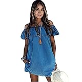 ABD Women's Blue Jean Legging Off Shoulder Ruffle Short Sleeve Loose Mini Dress