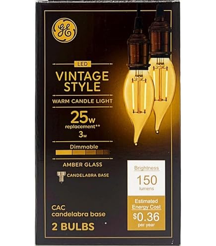 GE (2 Bulbs) Lighting Vintage LED Chandelier Light, Cendlabra Base