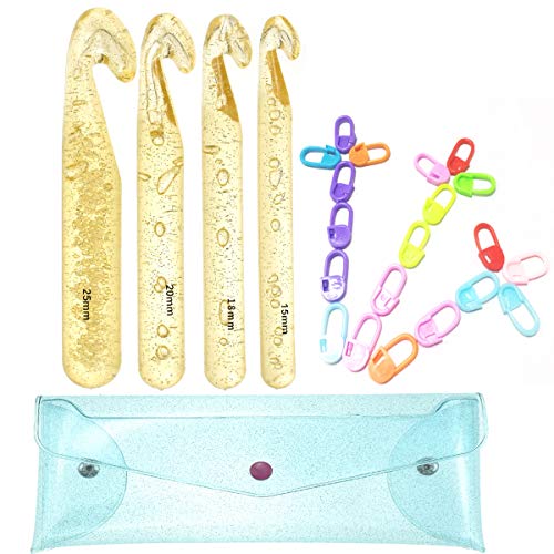 Extra Long Large Size 25mm 20mm 18mm 15mm Huge Crochet Hook Set and 20 Pieces Stitch Markers with Random Color Case-Giant Yarn Knitting Needle for Blanket Rag Rugs Shawl Craft