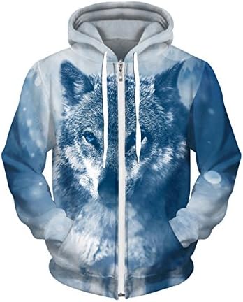 Royalove Unisex Realistic 3D Digital Printed Full-Zip Hoodie Jacket Sweatershirt Hooded Blue Wolf L