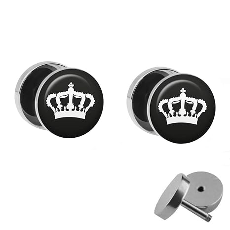 Treuheld | Set - Weisse Krone - 2 Ohrstecker zum Schrauben - SCHWARZ-Weiße Diadem Fake Plugs - Ø 10mm - Ohrringe Fakeplug - S