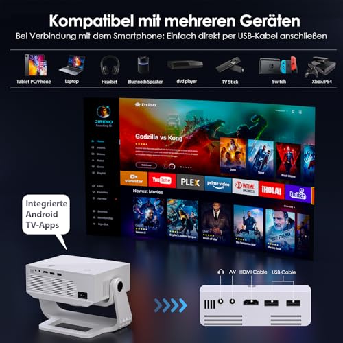 Wielio Upgrade Smart Projector, Integrated App, Supports 4K, WiFi & BT Project, 120° Adjustable Stand, Vertical Keystone Correction and Electronic Focus Home Cinema Projector for Mobile Phone/PC