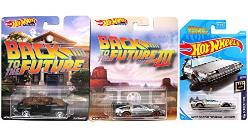 Hot Wheels Tri-Sci-Fi Entertainment 3 Pack Retro Back to Future Movie Die-Cast Car Collection 1955 Train Mode Pop Culture 2019 / Ford Super De Luxe Pickup Truck + DMC Delorean Time Machine Hover Mode
