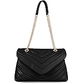 Quilted Crossbody Bag for Women, Soft Vegan Chevron Purses, Trendy Shoulder Handbags with Flap (Black - Gold Chain)