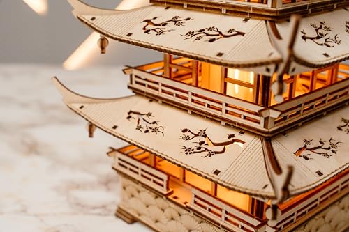 Wood Trick Harmony Tower Pagoda 3D Wooden Puzzles LED for Adults Delicate Engravings 2 Modes Lighting DIY Engineering Project Mechanical 3D Puzzle Model Kit