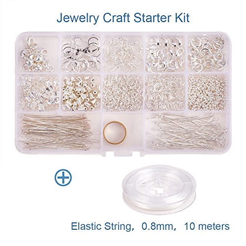 PandaHall Elite About 1050Pcs Jewelry Craft Starter Kit with Earrring Findings Crimp Beads Elastic Fibre Wire and Head Pins in One Box Silver