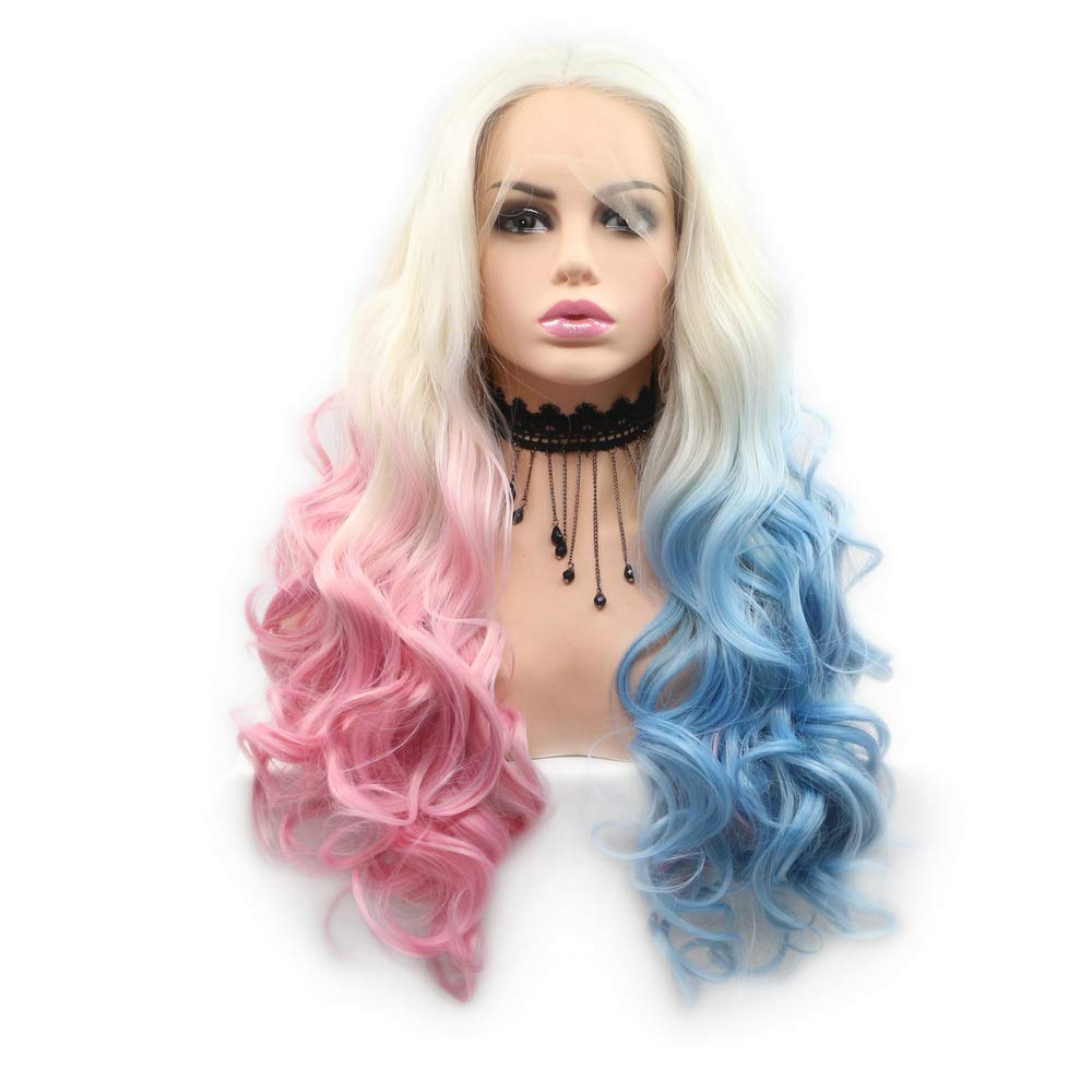RainaHair Middle Part Synthetic Lace Front Wigs Long Body Wave Blonde Ombre Half Pink Half Blue Halloween 24 INCH Cosplay Wigs 24inches DC Heros Cosplay
