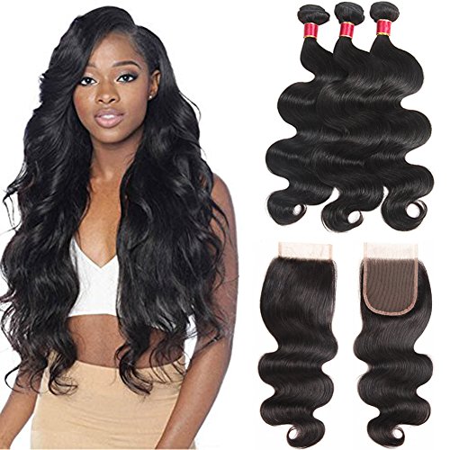 10a Brazilian Virgin Body Wave Hair 3 Bundles With Free Part Closure 14 16 18 14 Free Part Closure 100 Unprocessed Brazilian Body Wave Human Hair Weft With Lace Closure With Baby Hair