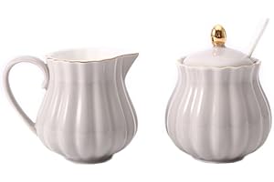 CHOOLD Elegant Flower Design Ceramic Sugar and Creamer Set with Lid Spoon Creamer Serving Set Coffee Serving Set Wedding Gift 7.5oz