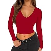 ForeFair Womens Long Sleeve Crop Tops Shirts Casual V Neck Going Out Top Double Lined Slim Fitted Basic Tee