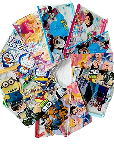 Gifting Square Kids PVC Plastic Pencil Pouch for Birthday Return Gifts, Assorted Cartoon Design (Pack of 12 Pcs)