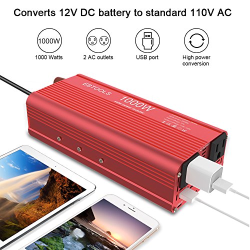 Car Power Inverter,EBTOOLS 1000W /2000W Inverter Converter 12V DC to 110V AC Car Converter with 2 AC Out