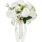 CYANLUX Wedding Bouquets for Bride Bridesmaid Bouquet Champagne White Artificial Roses Flowers for Wedding Valentine's Day Church Home Decoration… (White Rose)