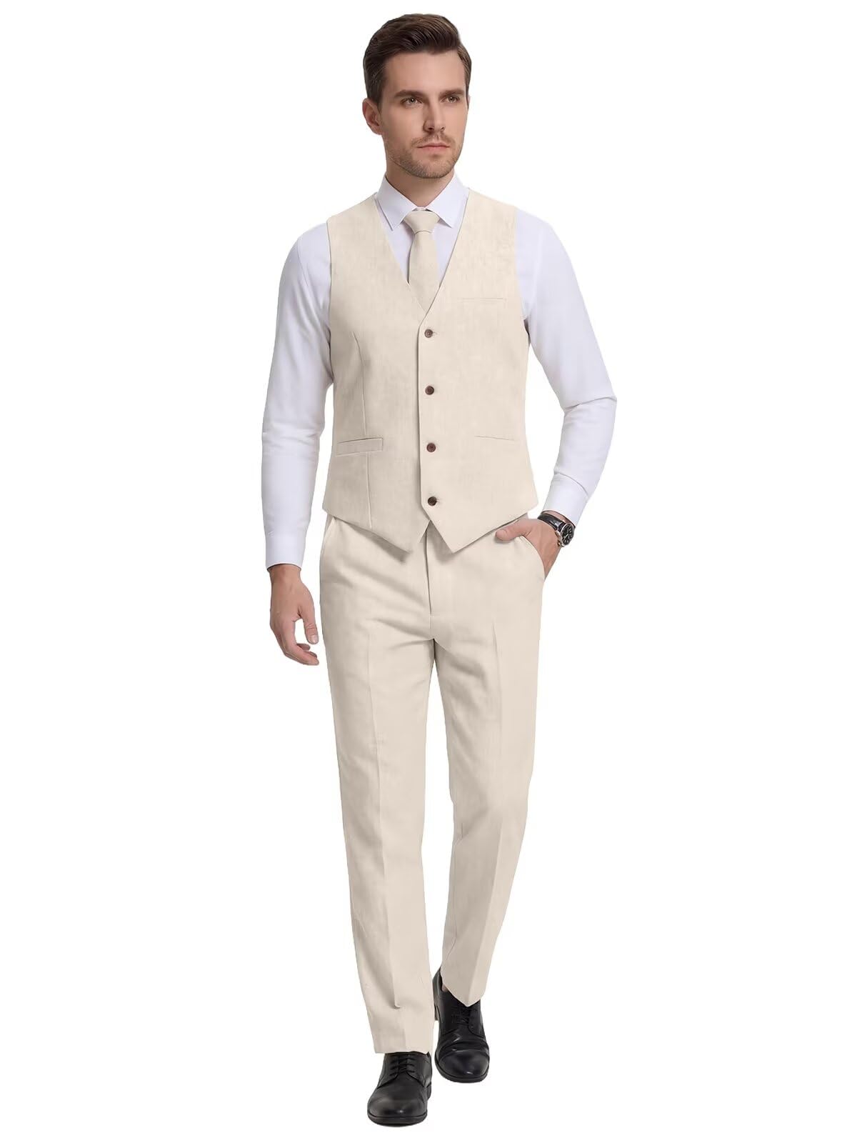 Photo 1 of Bofan Casual Linen Beige Men's 2 PCS Suits Wedding Suits Slim Fit Groomsmen Tuxedos Prom Waistcoat Summer Linen Vest+Pant XL