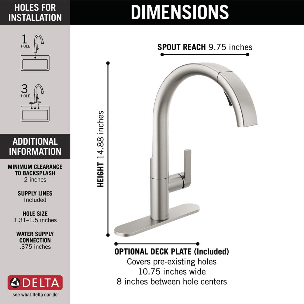 Delta Keele Brushed Nickel Kitchen Faucet with Pull Down Sprayer, Modern Single Hole Kitchen Sink Faucet, Single Handle, Spotshield Stainless 19824LF-SP