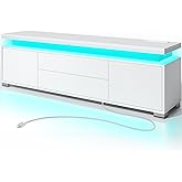 Rolanstar TV Stand with LED Lights & Power Outlet, Modern Entertainment Center for 32/43/50/55/65 Inchs TVs, Table, Universal Gaming Media Stand Storage Cabinet and Large Storage, White