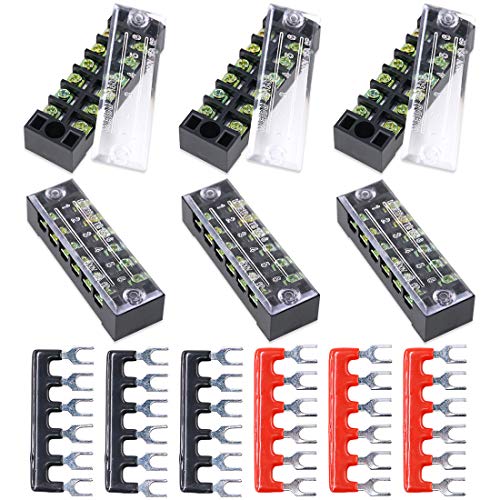 Hilitchi 12pcs 600V 15A 6 Position Double Row Screw Terminal Strip and 400V 10A 12 Postions Red/Black Pre Insulated Terminal Barrier Strip