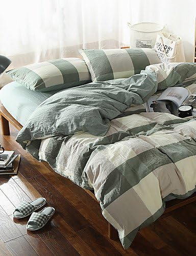 2016 MEIREN Dovet cover sets Green plaid Washed Cotton Bedding Sets Queen King Size Bedlinens 4pcs Duvet Cover Set , queen