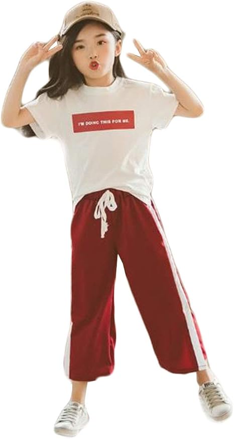 Amazon フッカツ 女の子 ｔシャツ ロングパンツ 2点セット 上下セット ジャージ セットアップ キッズ服 韓国子供服 ジュニア ワイドパンツ スリット ウェストゴム スポーツウェア 部屋着 普段着 夏 綿 ゆったり カジュアル レッド150 ジャージ 通販