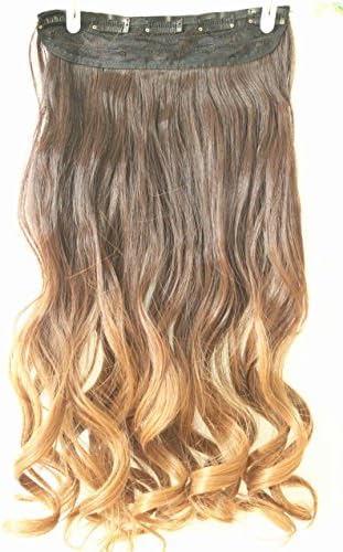 Dip Dye Clip in on Ombre Hair Extensions Synthetic Straight Curly Wavy Xmas Gift (dark brown to honey blonde)