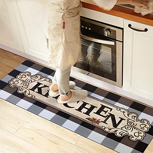 USTIDE Farmhouse Buffalo Plaid Kitchen Rug, Mocha/White Checkered