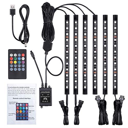 Car LED Strip Lights Justech 6PCS 72LEDs Multicolor Music Car Interior Atmosphere Lights RGB SMD Car Mood Lights with Sound Active Function and Wireless Remote Control for Car TV Home-USB Port