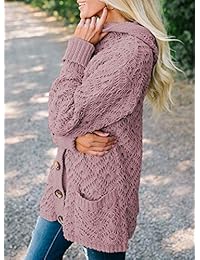 FARYSAYS - Chaqueta de punto con capucha para mujer, manga larga, con botones