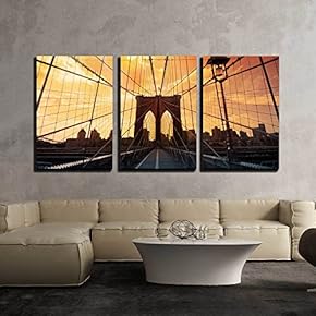 3 Piece Canvas Wall Art - Brooklyn Bridge, New York, USA - Modern Home Art Stretched and Framed Ready to Hang - 16"x24"x3 Panels