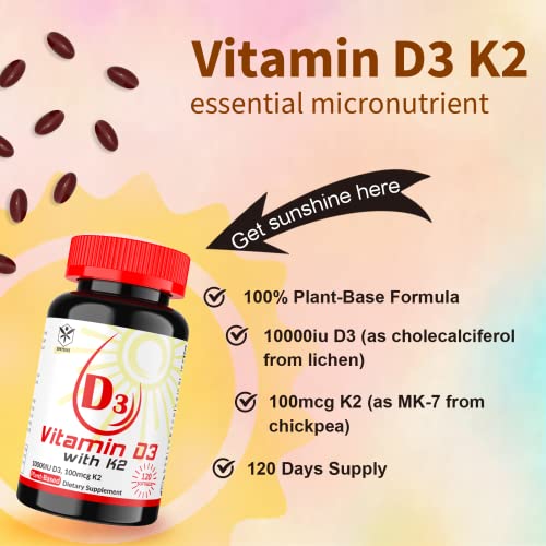 Vitamin D3 K2(MK7) 120 Softgel, Bone & Heart Health, Extra Strength D3