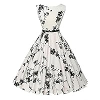 SFE Women Fresh Flowers Pattern Retro Sleeveless Dress Slim Fit Cocktail Wedding Party Formal Swing Dresses (L, White)