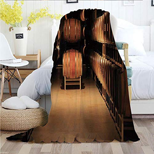 Winery Decor,Throw Blankets,Flannel Plush Velvety Super Soft Cozy Warm with/Wine Barrel Stacked in Cellar Aged Old Fermenting Quality Container Storage Basement Image/Printed Pattern(60"x 80"),Brown