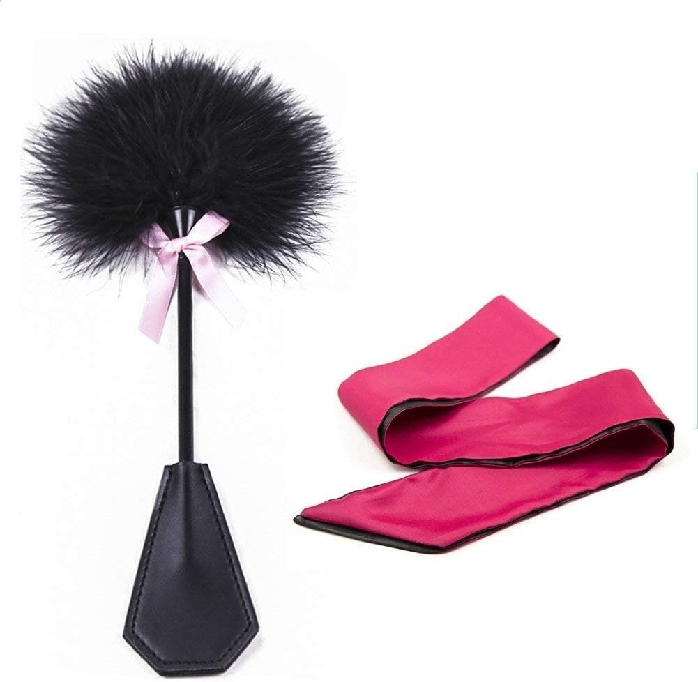 yaojin Long Satin Blindfold Soft Eye Mask Band Blinder Comfortable Sleep Masks Black with Feather Whip
