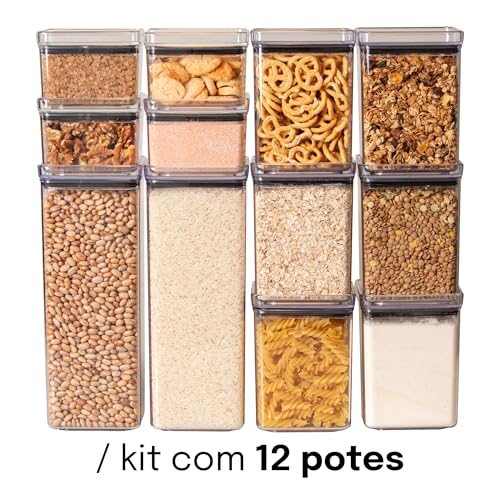 Kit Organizador de Alimentos Lumini Paramount – Potes Herméticos Transparentes para Mantimentos, Grãos, Massas, Cereais e Organização da Cozinha (12)