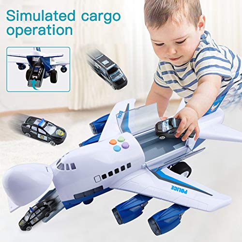 Car Toys Set with Transport Cargo Airplane and Large Play Mat, Mini Educational Vehicle Police Car Set for Kids Toddlers Boys Child Gift for 3 4 5 6 Years Old, 6 Cars, Large Plane, 11 Road Signs