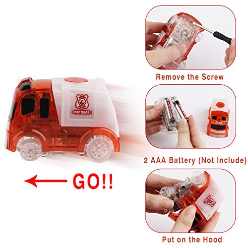 BOBXIN DIY Puzzle Tracks Car Glow in The Dark Play Set Fire Truck Themed Style Vehicle Interchangeable Tracks 18 Pieces Sets for Kids 3 4 5 6 Years Old