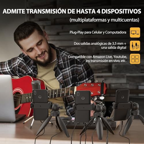 MAONO Mezcladora Interfaz de Audio caster Lite Estudio de Grabación Portátil TODO EN UNO con Micrófono de 3.5mm para Podcast, Streaming, Guitarra, Grabación y Gamer (AM200-S1)