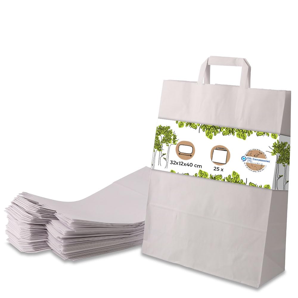 GREENBOX White Paper Bags with Handle, Environmentally Friendly Kraft Paper Gift Bags, Biodegradable & Compostable, 25 x 32 x 12 x 40 cm