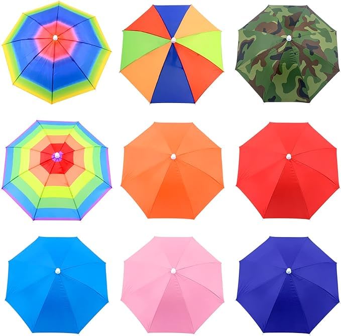 Rainbow Umbrella Hat - 9 Pcs, Portable Mini Head Caps with Elastic Bands, Adjustable, for Adult and Kids, Outdoor Gardening, Camping, Fishing, Festival Essential (Diameter: 51cm)
