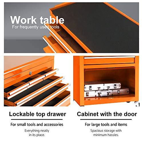 Big Removable Tool Chest, Rolling Tool Chests with Wheels (2PCS Lockable) and Drawers, Top Tray and Bottom Cabinet Door with Keyed Locking System, for Garage, Warehouse, and Workshop, etc(Orange) - Thumbnail 4