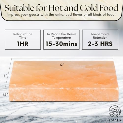 UMAID Himalayan Salt Block Cooking Plate 12x8x1.5 – Food Grade Pink Himalayan Salt Stone for Cooking, Grilling, Serving & Cutting – Includes Steel Tray & Grilling Recipe Booklet – Unique Gifts for Men & Dad Gifts for Fathers Day
