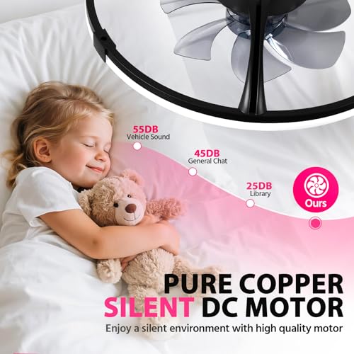 Lujeet Ceiling Fans with Lights Low Profile, 19.7'' LED Ceiling Fan with Remote & APP, 3CCT Dimmable Ceiling Fan with Light Flush Mount, Reversible 6 Speeds Ceiling Fan with Light for Bedroom Black