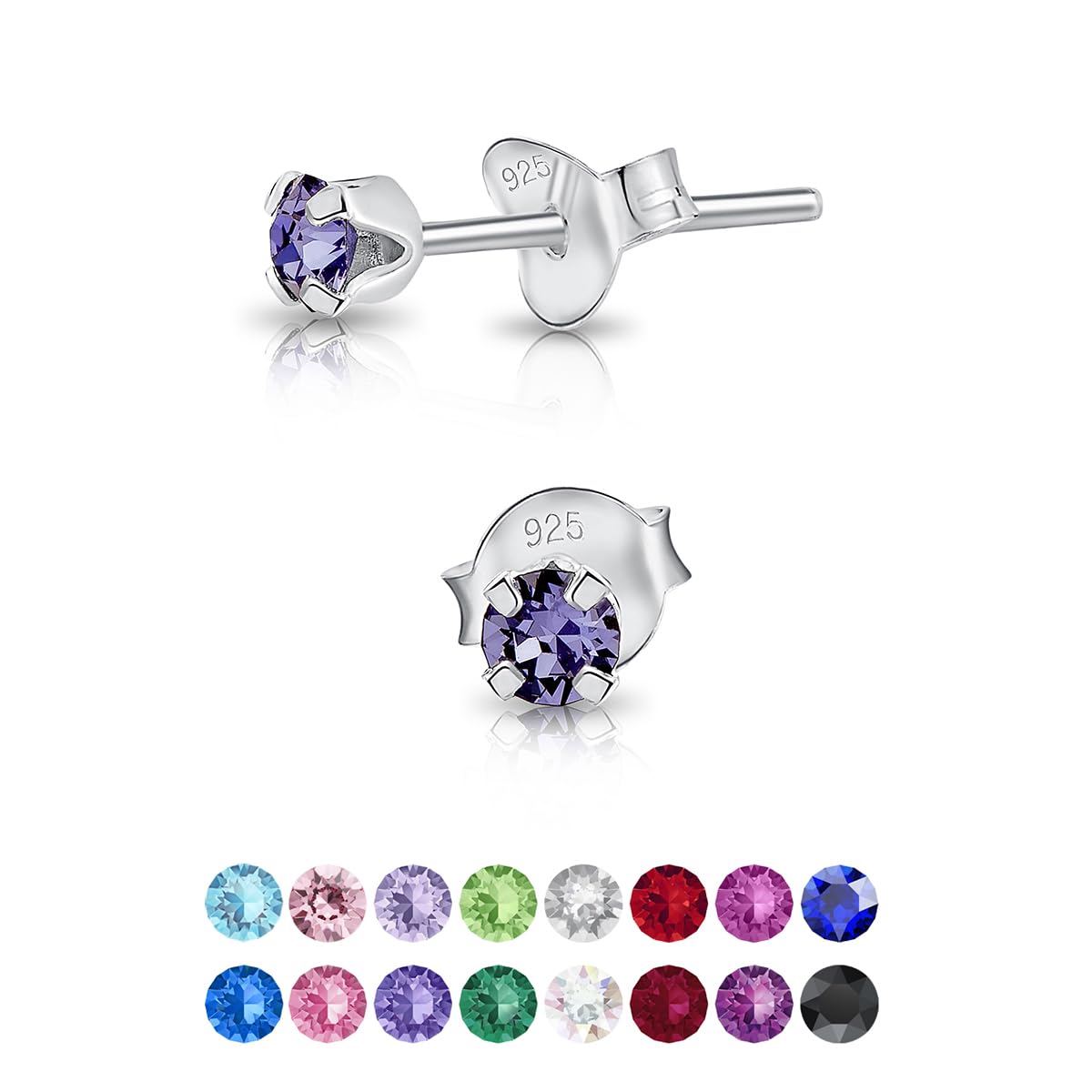 925 Sterling Silver Round Tiny Stud Earrings made with Glittering Crystals - Small Silver Studs Earrings for Woman - Diameter: 3 mm - Colour : Tanzanite