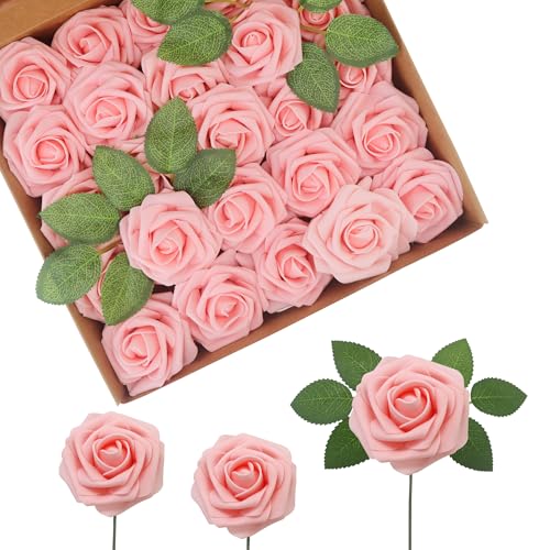 JOYLEX 100 Stück rosa künstliche Blumen, realistische Rosen, echt aussehende künstliche Rosen mit Stiel für selbstgemachte Hochzeitssträuße, Tafelaufs