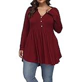Gocolloa Plus Size Tops for Women Curvy Fall Long Sleeve Dressy Tops Button V Neck Henley Shirts Casual Flowy Tunic Blouses