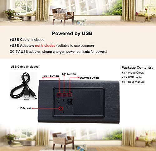 image for Raercodia Night Clock Wood Desk Clock LED Wooden Alarm Clock Night Lig